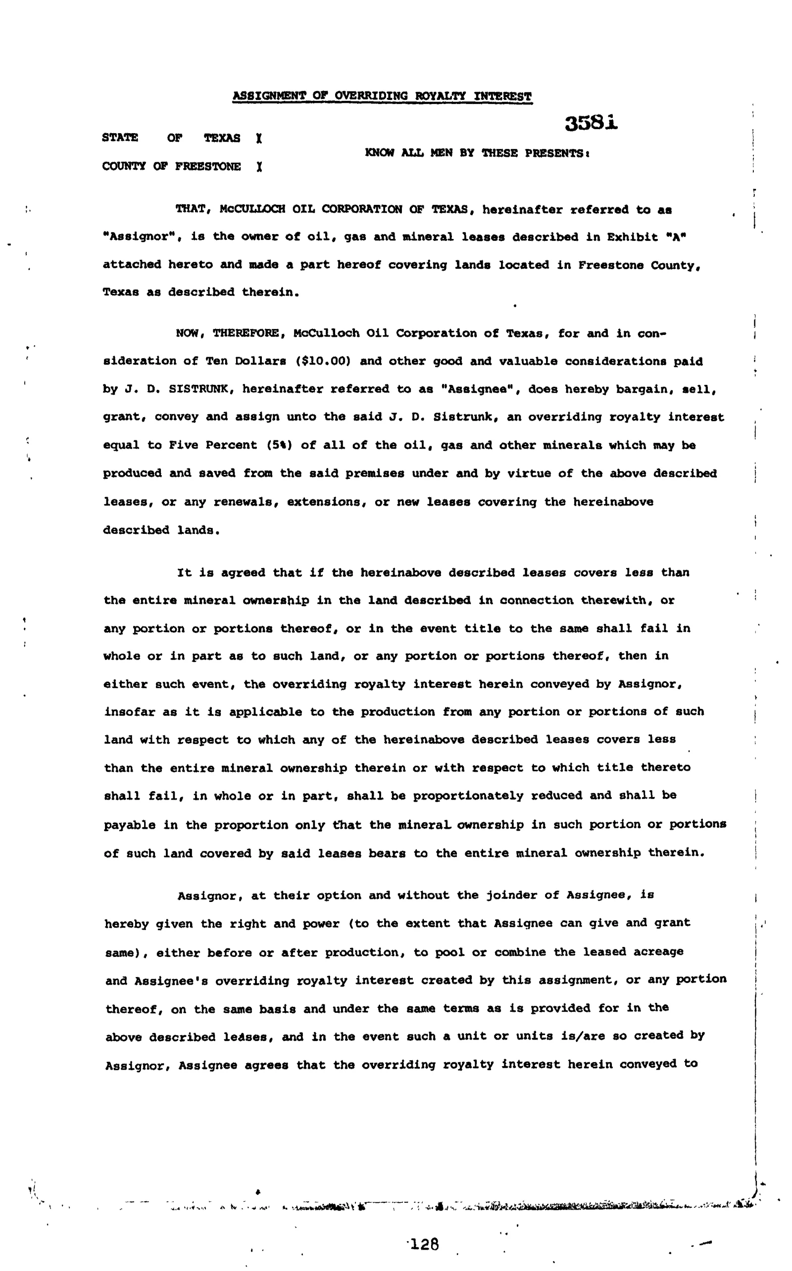 Mc Culloch Oil Corp Of Texas - Recorded Asg Royalty Intr (Vol. 472, Page 128)