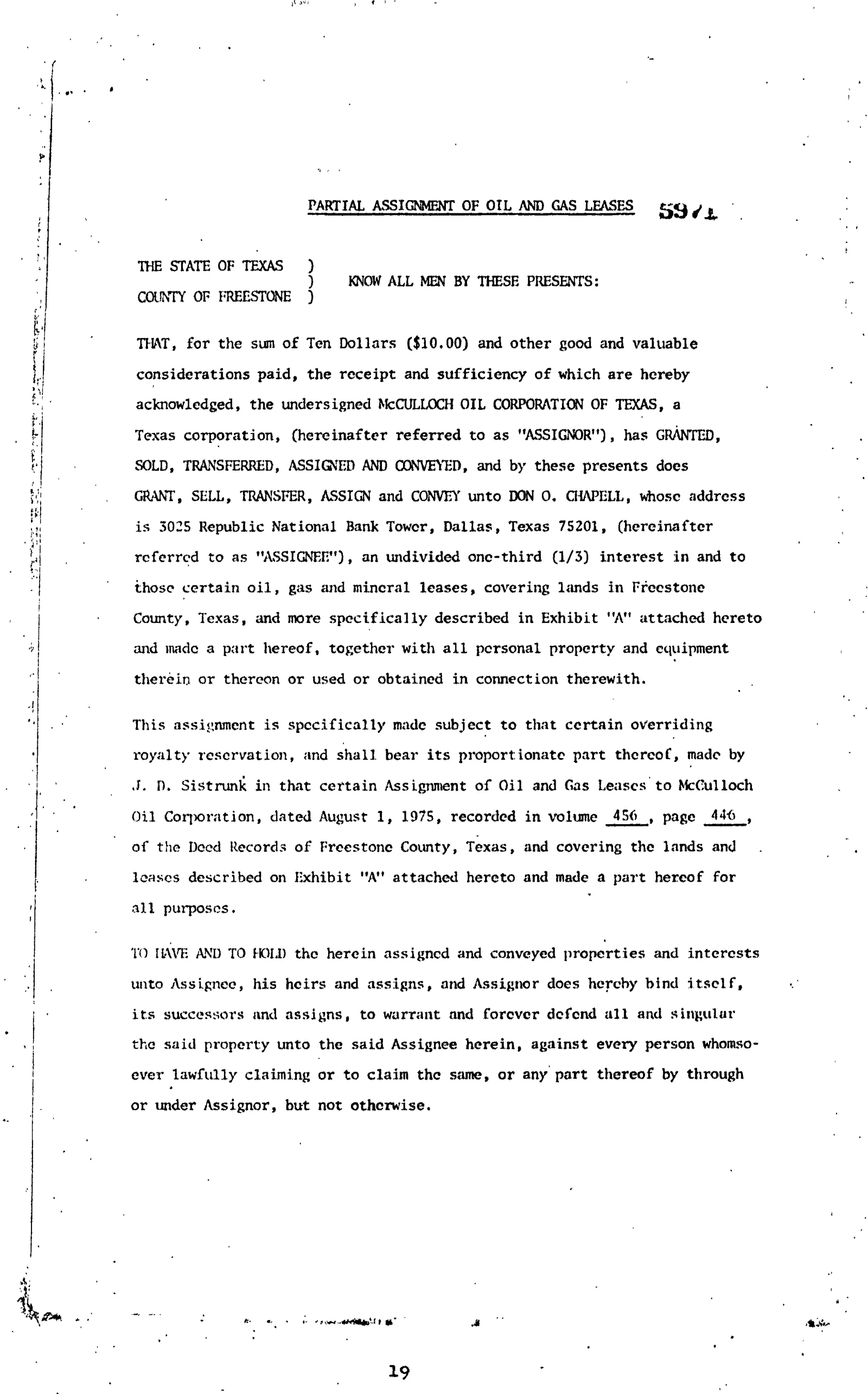 Mc Culloch Oil Corp Of Texas - Recorded P/Asgmt Of Lease (Vol. 458, Page 19)